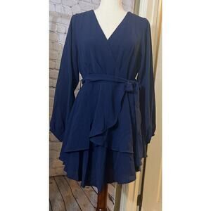 Women's Dress Deep V-Neck Long Sleeve Waist Tie Ruffle Mini Swing Blue S NWOT